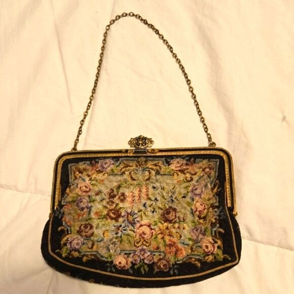Vintage 1930's Austria Floral Embroidered Black Clutch - Picture 1 of 6